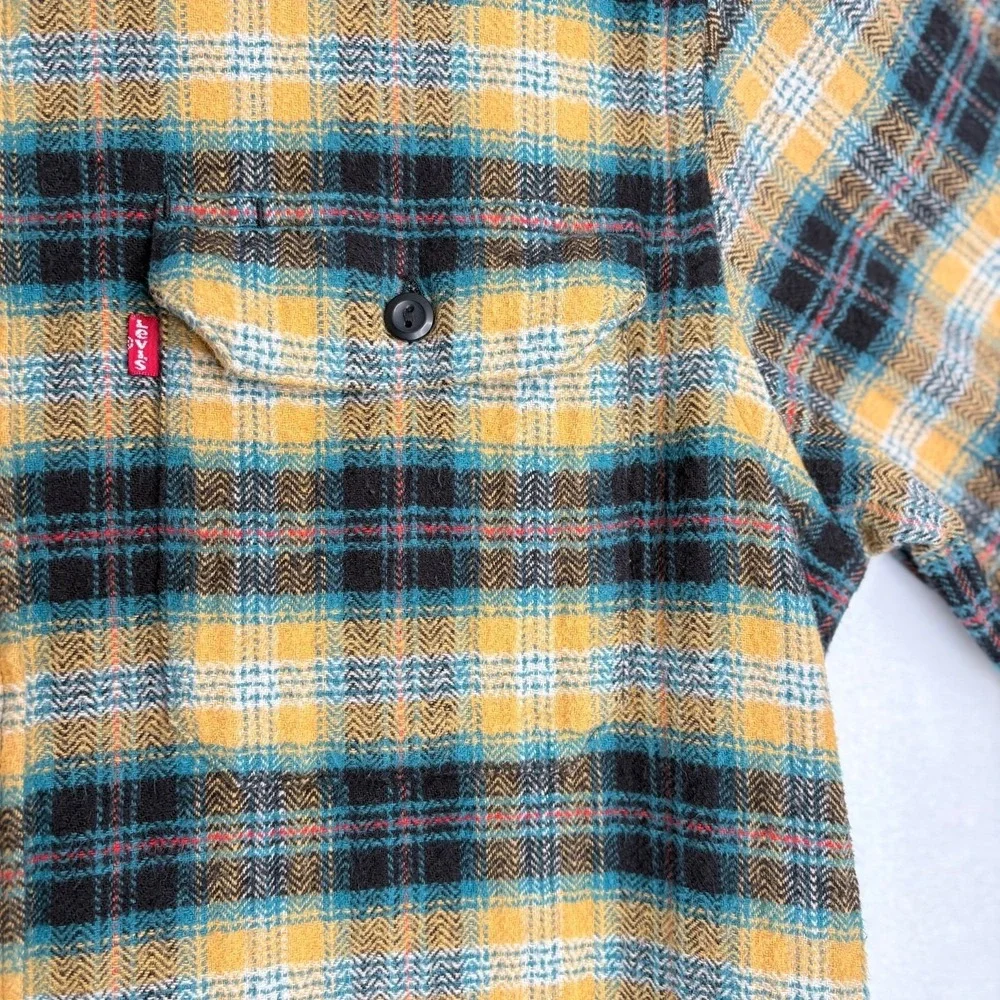 Levi's Relaxed‎ Fit Plaid Flannel Shirt Yellow Black Green Mens Medium Western
